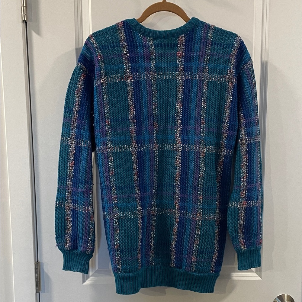 VINTAGE! Colorful Teal, Blue, & Purple Retro Cardigan, Women’s Medium - Picture 2 of 9